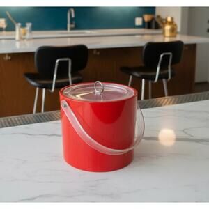 Georges Briard Red Ice Bucket MCM Barware Lucite Handle Signed USA